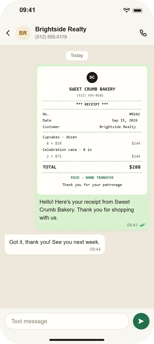 A chat with a customer showing a Sweet Crumb Bakery receipt for $288, paid by bank transfer