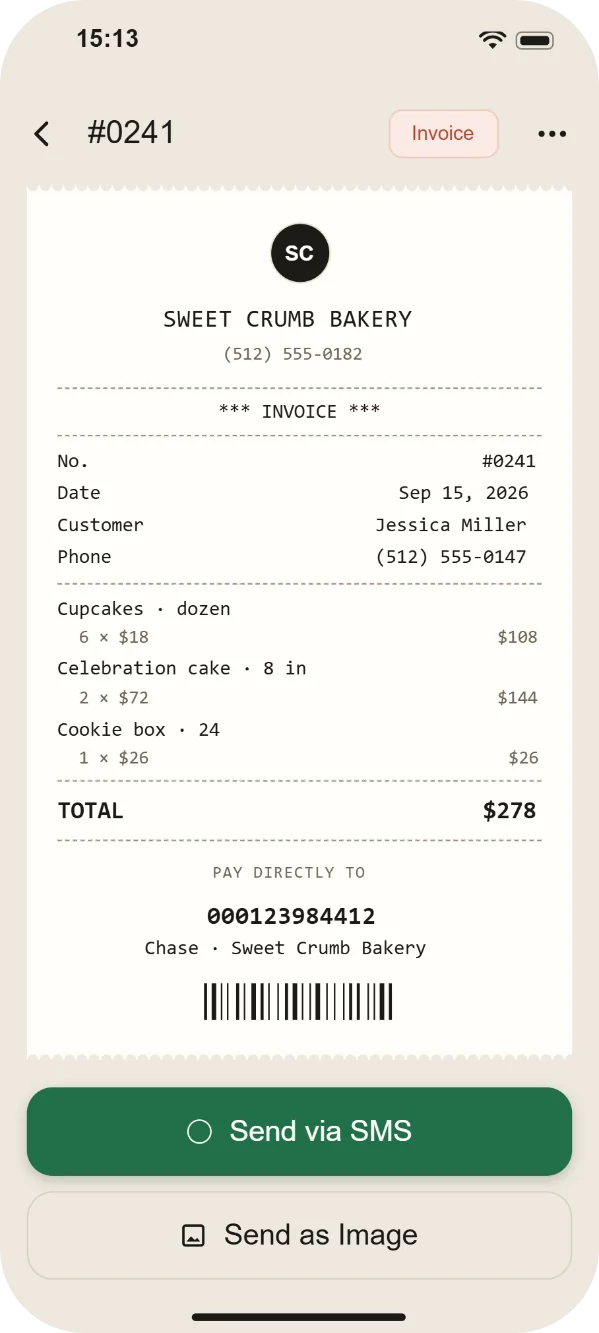 Invoice #0241 for $278 with Pay directly to: the shop's own bank account number