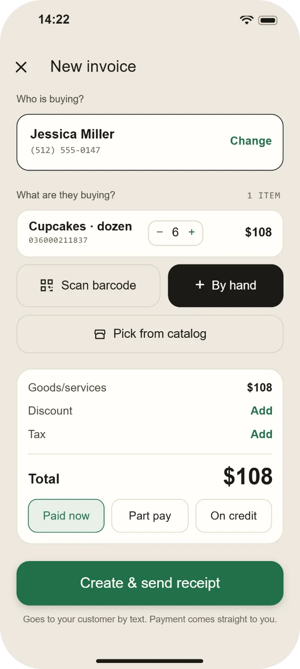 New invoice screen: customer Jessica Miller, 6 dozen cupcakes, total $108, with Paid now, Part pay and On credit options