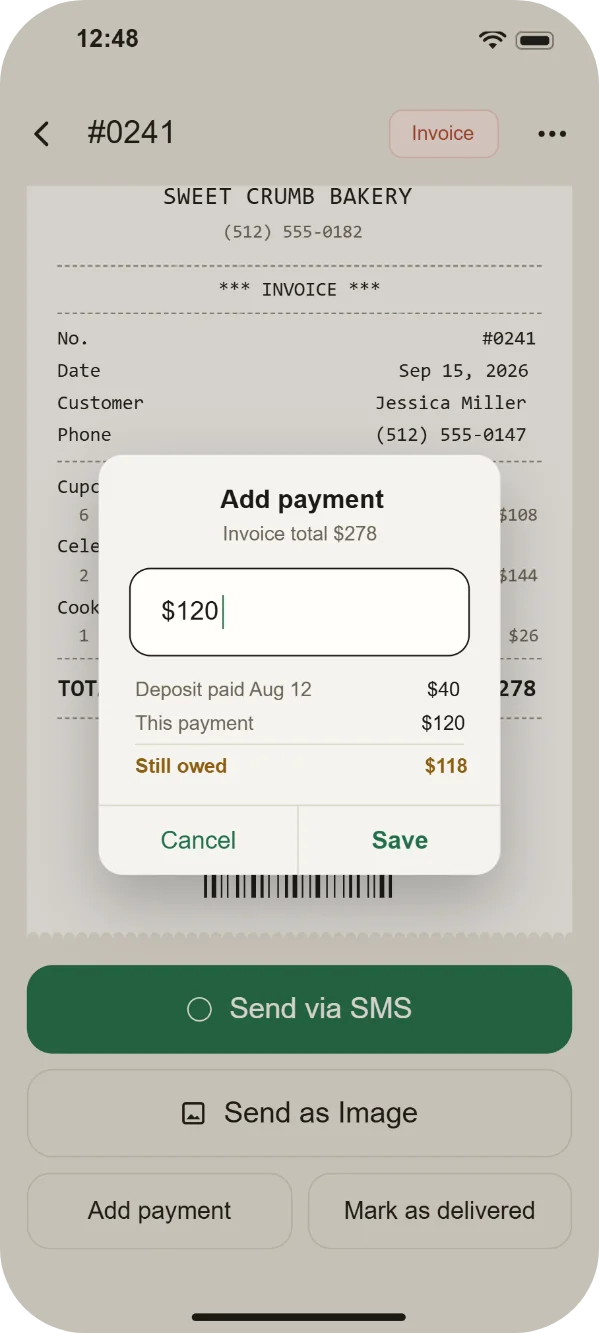 Add payment dialog: deposit $40, this payment $120, still owed $118