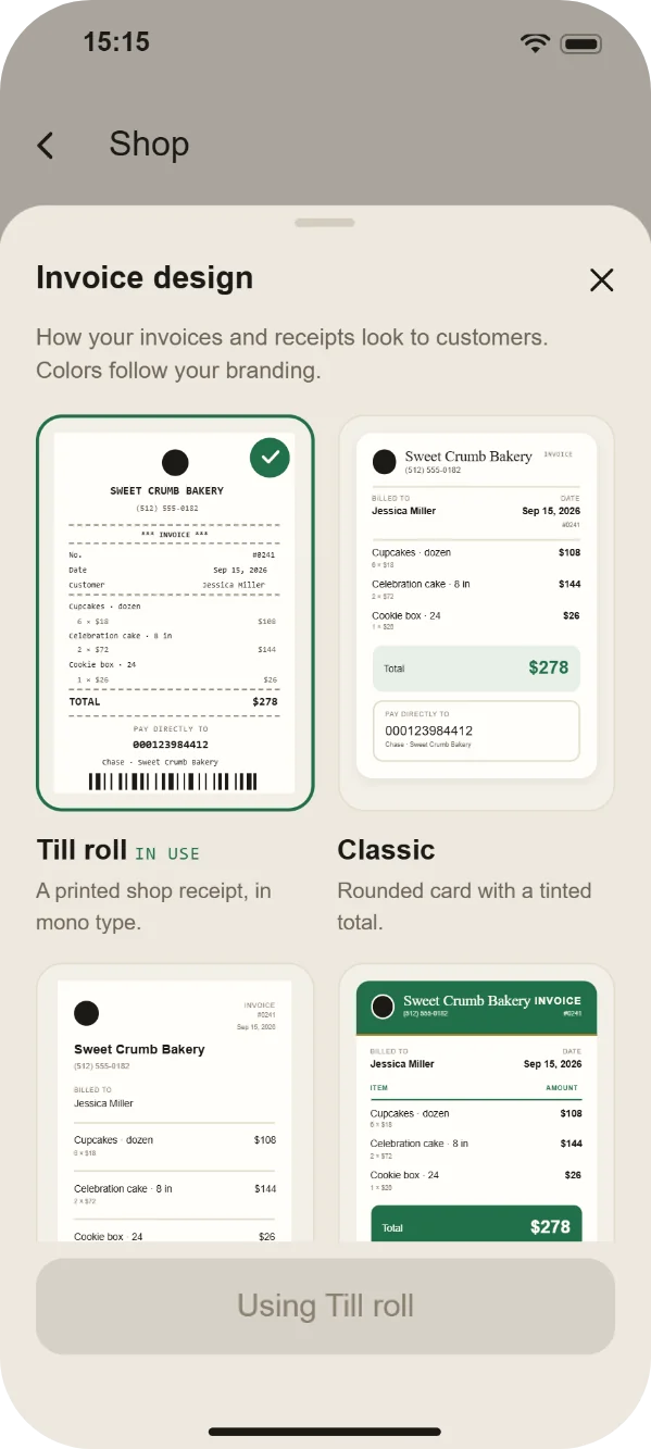 Invoice design picker showing Till roll and Classic designs